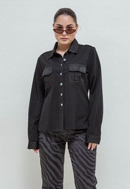 Vintage Y2k Grunge Button Up Long Sleeve Black Shirt M