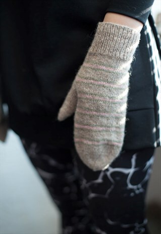 BROWN STRIPED HANDMADE KNITTED WOOL GLOVES