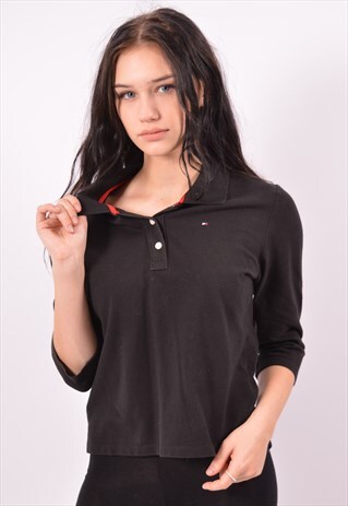 VINTAGE TOMMY HILFIGER POLO SHIRT 3/4 SLEEVE BLACK