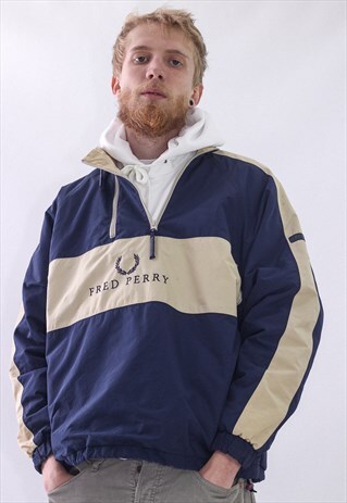 VINTAGE MENS FRED PERRY HALF ZIP BIG LOGO PULLOVER JACKET