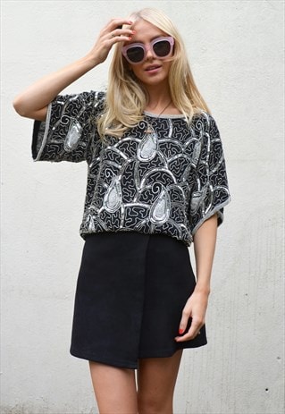 VINTAGE 70S BLACK & SILVER SEQUIN TOP
