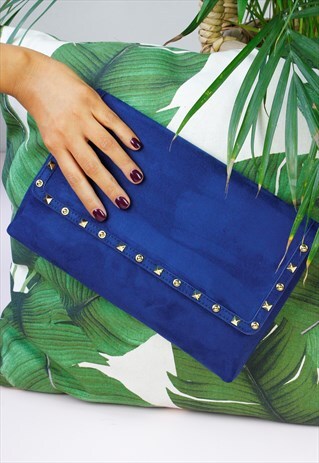 NAVY BLUE FAUX SUEDE GOLD STUD CHAIN STRAP CLUTCH BAG