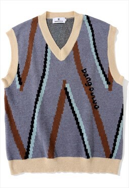 Geometric knitted vest sweater sleeveless cardigan in blue