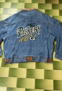 Vintage NFL Green Bay Packers Blue Denim Jean Jacket Button