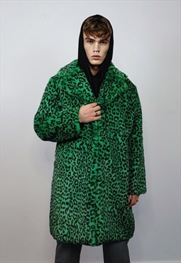Leopard faux fur coat fuzzy animal print trench jacket green