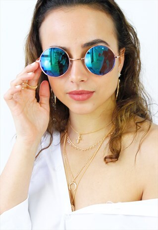 ROSE GOLD BLUE LENS ROUND SUNGLASSES