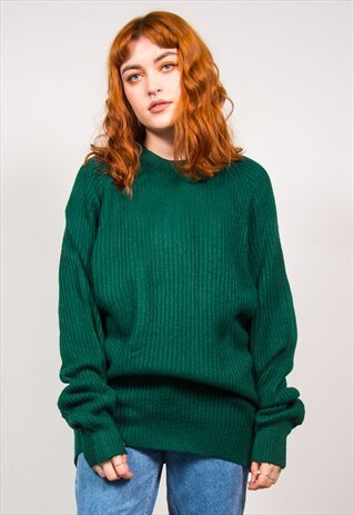 VINTAGE 90'S DEEP GREEN FISHERMAN KNIT OVERSIZED JUMPER