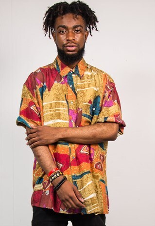 90'S VINTAGE ABSTRACT SILK SHORT SLEEVE SHIRT