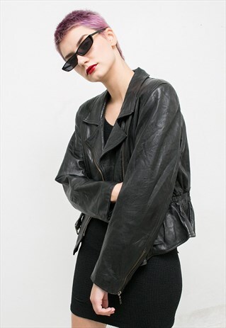 VINTAGE BLACK LEATHER BIKER JACKET BELT GRUNGE LOOK ROCKER