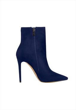 Blue Suede Pointy Toe Stiletto High Heel Ankle Boots