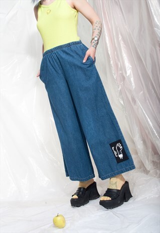 VINTAGE JEANS REWORKED FINE PATCH WIDE-LEG DENIM CULOTTES