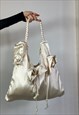 Y2k Satin Ruffled Tote Shoulder Bag Cream Fairy Flower