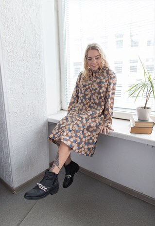 VINTAGE 60'S BROWN PATTERNED LONG SLEEVED MIDI DRESS