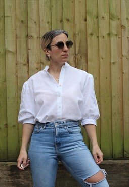 Vintage 1980s white cotton blouse with structured shoulders