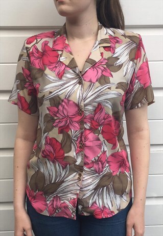 WOMENS VINTAGE 80S BLOUSE PINK FLORAL PATTERNED SHIRT