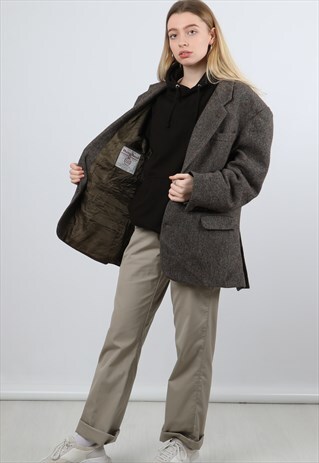 VINTAGE HARRIS TWEED LARGE BROWN BLAZER JACKET