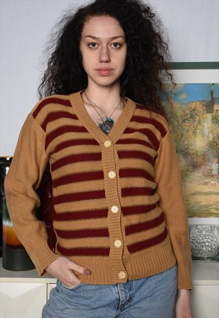 VINTAGE 60S MOD STRIPED HANDMADE KNIT JUMPER SWEATER CARDI