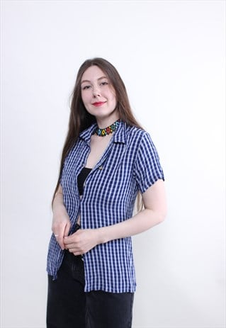 VINTAGE BLUE PLAID BUTTON UP, CHECKERED BUTTON DOWN BLOUSE 