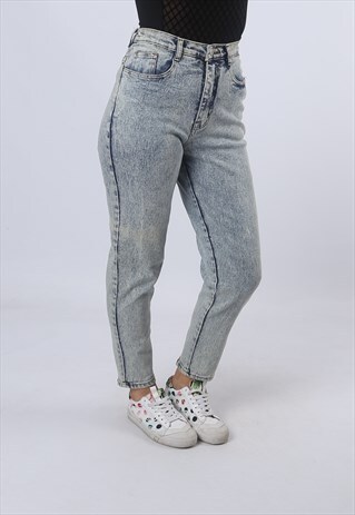 HIGH WAISTED DENIM JEANS TAPERED LEG VINTAGE UK 10 (E9EL)