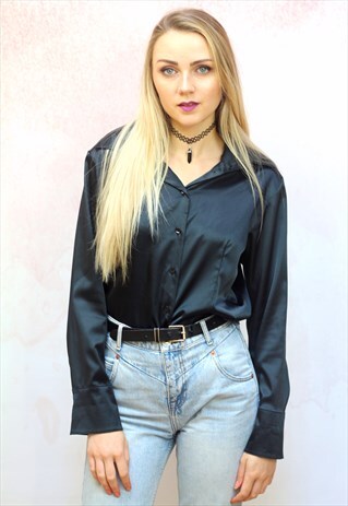 1990S VINTAGE JET BLACK SILKY BLOUSE