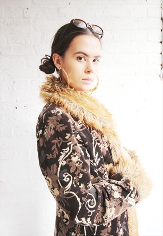 VINTAGE LADIES PATTERNED FAUX FUR LONG COAT