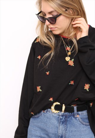 VINTAGE 90S BLACK FLORAL EMBROIDERED SWEATER JUMPER
