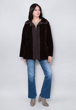 80's Vintage Ladies Coat Brown Velvet Quilted Jacket