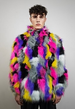 Tropical faux fur jacket raised neck coat bright rave bomber