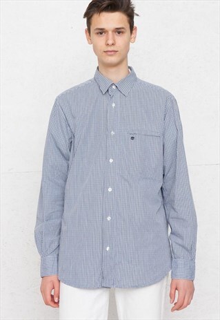 VINTAGE BLUE TIMBERLAND LONG SLEEVE CHECKERED COTTON SHIRT