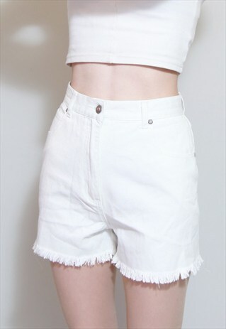 VINTAGE 1990'S WHITE FRAYED DENIM COSMOS MOM SHORTS.