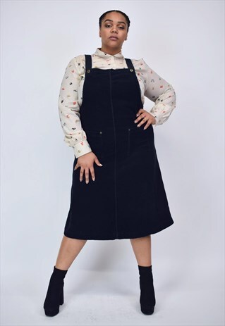 VINTAGE 90'S LONG NAVY CORDUROY PINAFORE DRESS