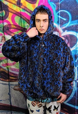 Leopard fleece jacket y2k detachable sleeves jacket in blue
