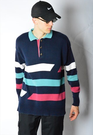 VINTAGE 90S NAVY BLUE COLOURFUL STRIPED JUMPER
