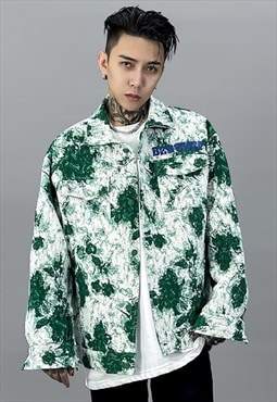 Abstract denim jacket floral jean bomber in tie-dye green