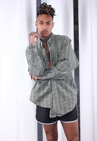 VINTAGE 90S GREEN CRAZY PRINT SILK SHIRT.UNISEX.FESTIVAL