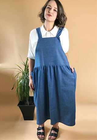 HANDMADE DENIM CHAMBRAY MIDI SMOCK APRON DRESS