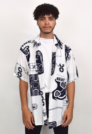VINTAGE 90S NAVY & WHITE DRAWINGS PRINT SHIRT