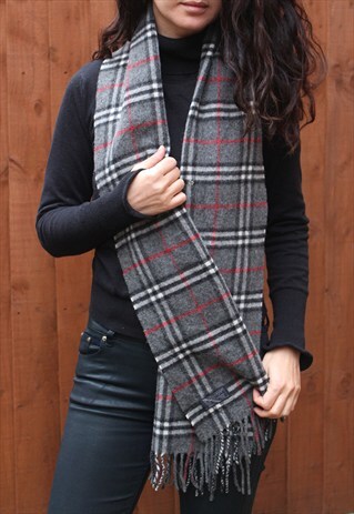 VINTAGE CASHMERE CHECKED SCARF DARK GREY