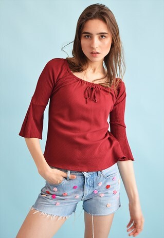 90'S RETRO BOHO FESTIVAL CORRUGATED BURGUNDY BLOUSE TOP