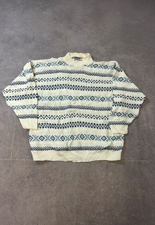 VINTAGE KNITTED JUMPER ABSTRACT PATTERNED GRANDAD SWEATER