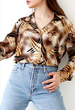 Vintage 90s Oversized Shirt Abstract Jewellery Print Blouse