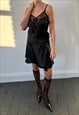 VINTAGE SLIP DRESS 90S WRAP MINI BLACK SATIN SLEEVELESS S