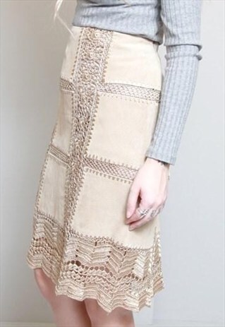 VINTAGE 1970'S BROWN SUEDE AND CROCHET MIDI SKIRT