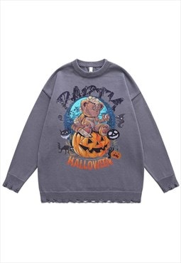 Halloween sweater pumpkin knit distressed jumper in grey