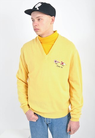 VINTAGE V NECK WOOL JUMPER IN YELLOW