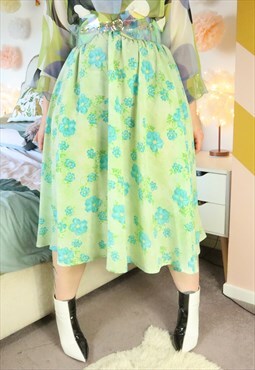 Vintage Y2K Pastel Green Floral Flower Festival Midi Skirt