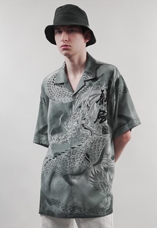 VINTAGE 90'S GREY CHINESE-INSPIRED DRAGON PRINT SHIRT