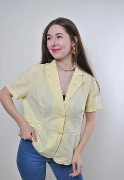 80s vintage women minimalist yellow blouse with short sleeve