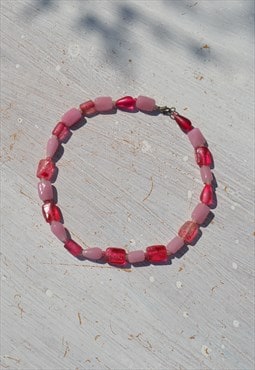 Deadstock pink handmade glass beaded necklace.