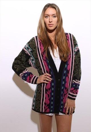 VINTAGE 1980'S 80'S MULTICOLOR CARDIGAN GEOMETRIC FUNKY OS